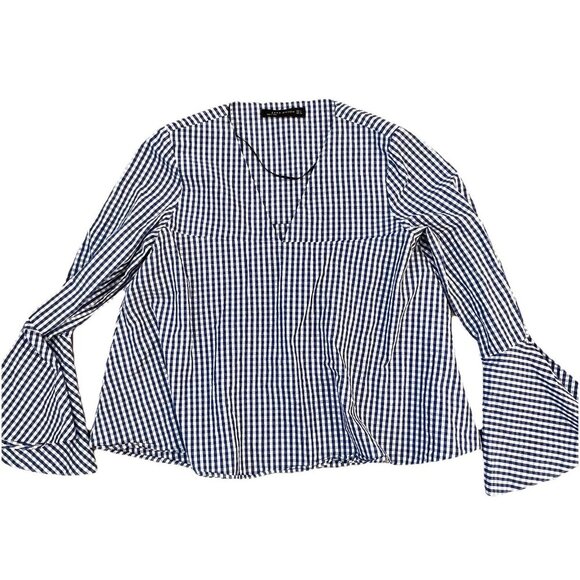 Zara Woman Gingham Bell Sleeve Blouse Top V-Neck Size Small Blue White - Picture 1 of 6